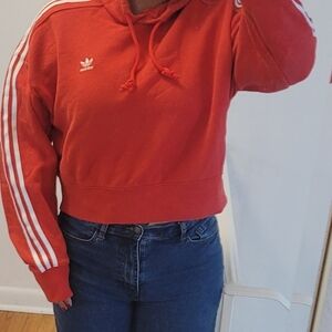 Adidas Women's Red Hoodie with White Stripes